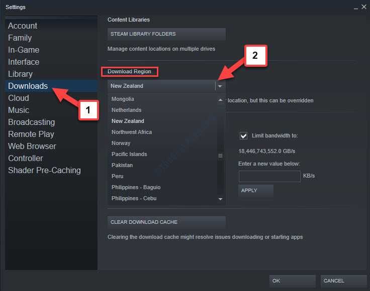 Configuración Descargas Región de descarga Ok