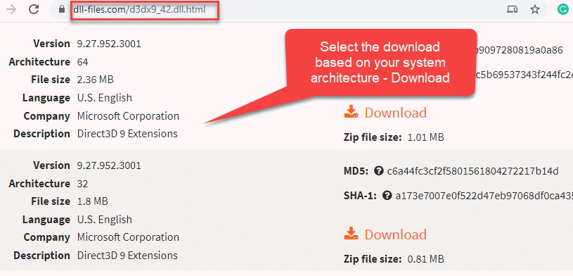 Browser Bezoek DLL Website downloaden Selecteer downloaden op basis van systeemtype Download