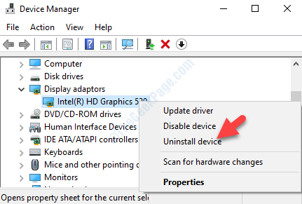 Adaptadores de pantalla del Administrador de dispositivos Expanda el controlador de gráficos Haga clic con el botón derecho en Desinstalar el dispositivo