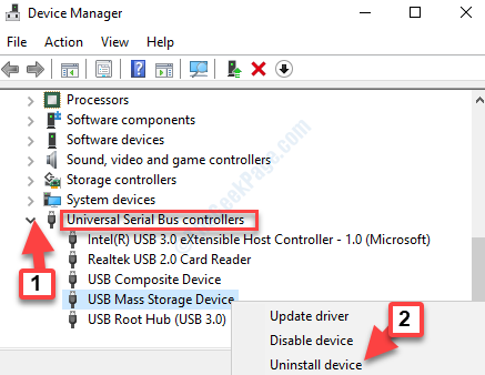 Ierīču pārvaldnieks Universal Serial Bus Controllers USB lielapjoma atmiņas ierīce Atinstalējiet ierīci