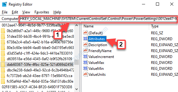 Editor del registro Navegue a la configuración de energía Ruta 2 Atributos Haga doble clic