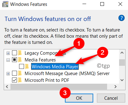 Fonctionnalités Windows Décochez Windows Media Player Min1