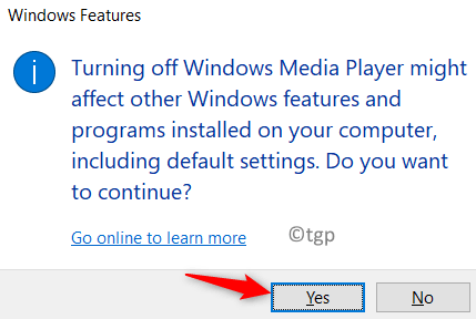 Confirmar Desactivar características de Windows Mín.