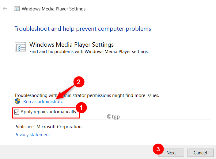 Configuración del Reproductor de Windows Media Aplicar reparaciones automáticamente Mín.