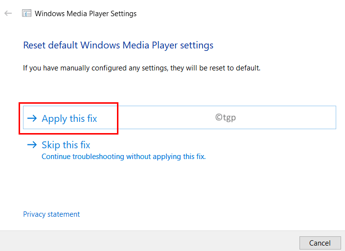 Paramètres du lecteur Windows Media Appliquer Fix Min