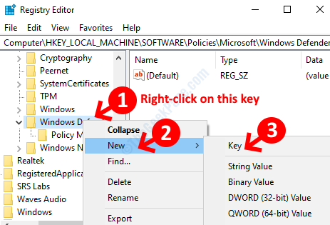 Windows Defender Haga clic con el botón derecho en Nueva clave