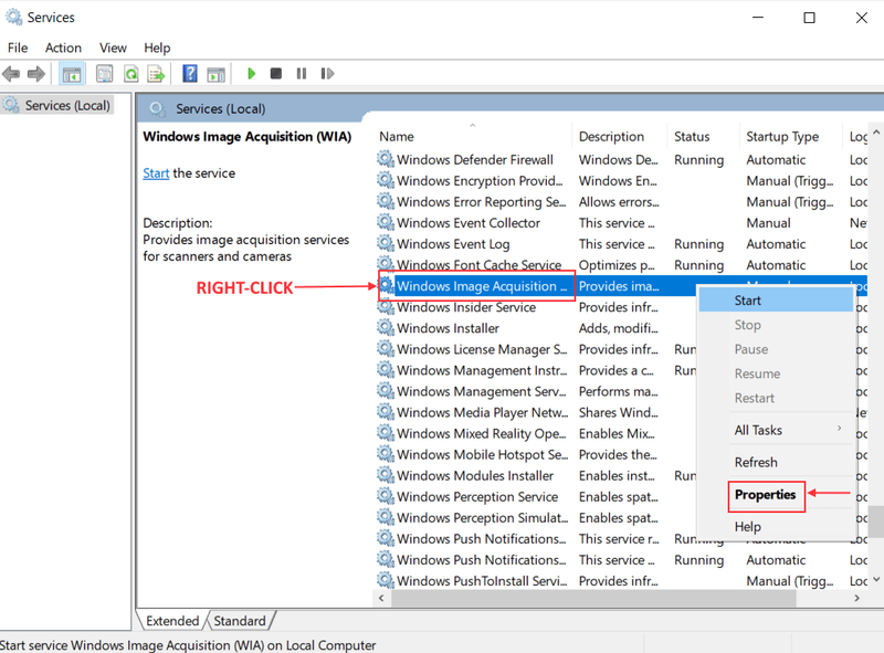 Propriedades de aquisição de imagens do Windows