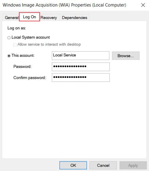 Guia de logon de aquisição de imagem do Windows