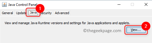 Java-configuratiescherm Jre-instellingen bekijken Min