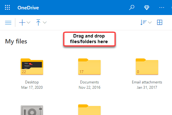 Onedrive Online-version Træk og slip filer eller mapper