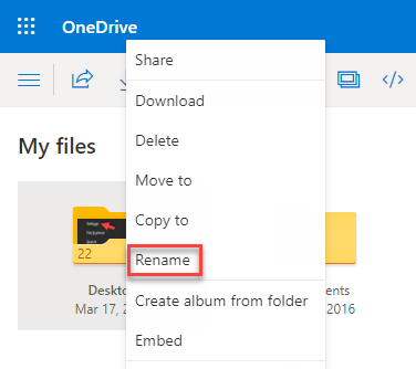 Onedrive App-fil eller -mappe Højreklik på Omdøb