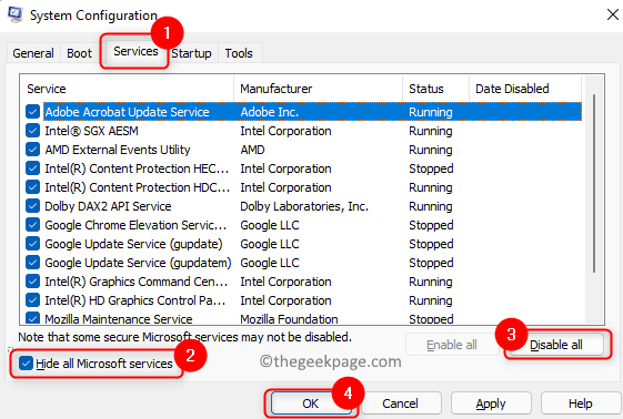 Servizi di configurazione del sistema Disabilita Nascondi Servizi Microsoft Min