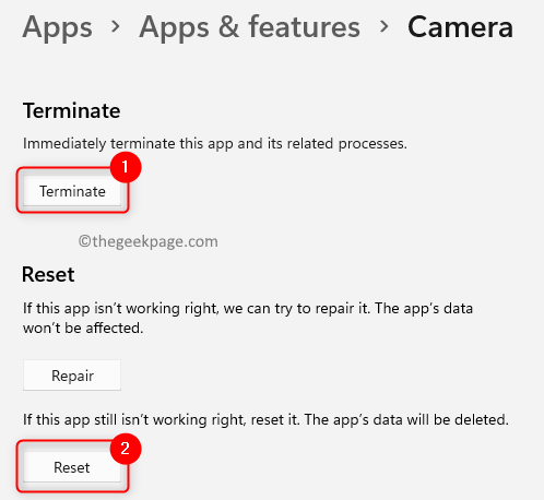 Postavke kamere Prekini Reset Min