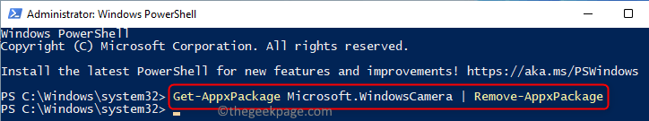 Naredba aplikacije Powershell za uklanjanje kamere Min