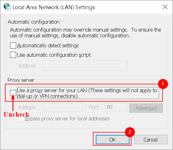 Lan 설정 Proxy Server Min 체크 해제