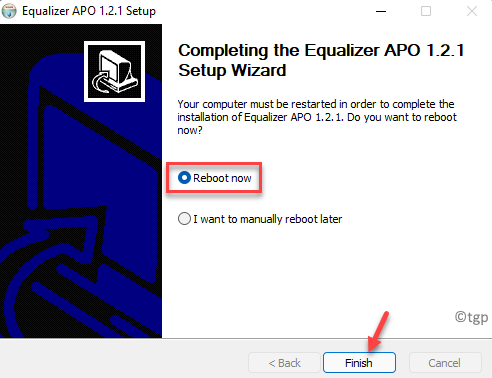 Asistente de configuración de Equalizer Apo Reiniciar ahora Finalizar