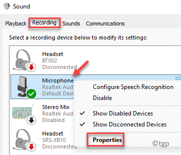 Micrófono de grabación de sonido Haga clic con el botón derecho en Propiedades mín.