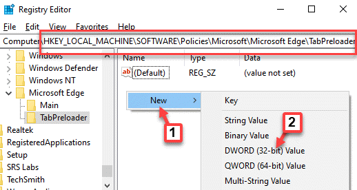 Register-editor Navigeer naar pad Tabpreloader Rechterkant Leeg gebied Klik met de rechtermuisknop op Nieuwe Dword (32-bits) waarde