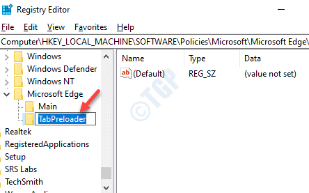 Register-editor Navigeer naar pad Microsoft Edge Nieuwe sleutel Hernoem Tabpreloader