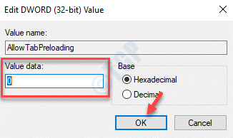 Bewerk Dword (32 Bit) Waarde Toestaan ​​Tabpreloading Waarde Data 0 Ok