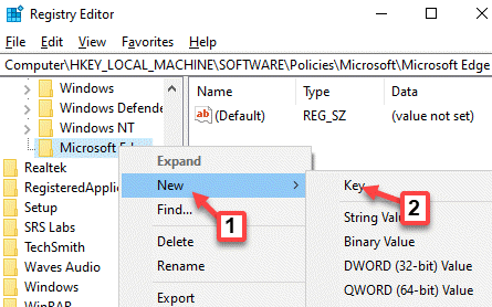 Register-editor Navigeer naar pad Microsoft Edge Klik met de rechtermuisknop op Nieuwe sleutel