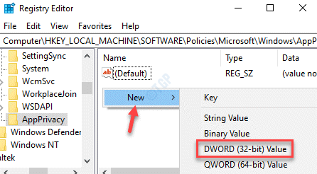 Editor de registro Appprivacy Lado derecho Haga clic con el botón derecho en Nuevo valor Dword (32 bits)