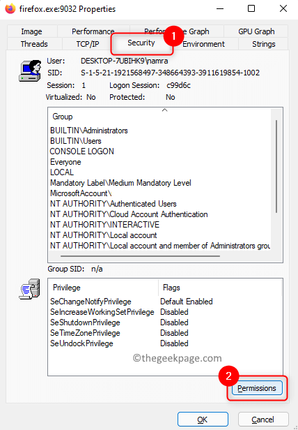 Свойства проблемного приложения Process Explorer Разрешения Мин.
