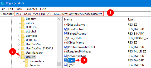 Ventana Regedit Currentcontrolsetservicesusosvc Min