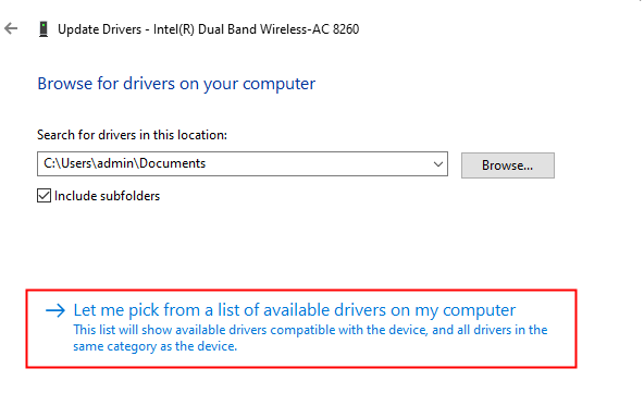 Déjame elegir de una lista de controladores disponibles en mi computadora