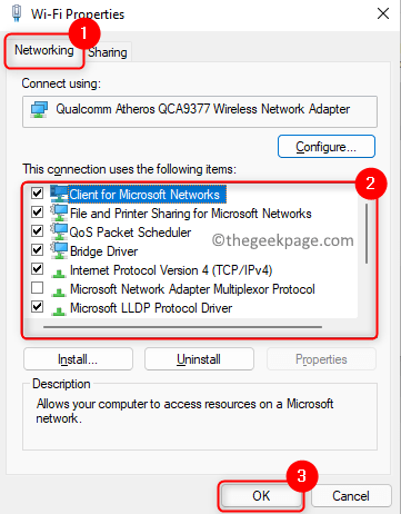Propiedades del adaptador de red Marcar Desmarcar elementos Mín.