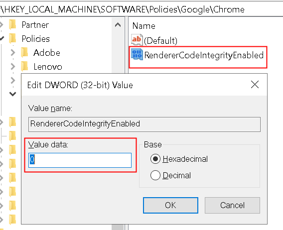 Valor Mínimo de Integridade do Código do Renderizador do Registro Ativado