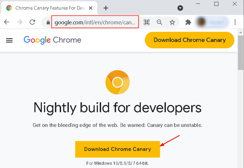 Versão mínima do Chrome Canary