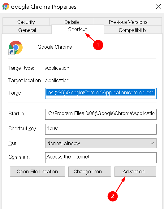 Atalho de propriedades do Chrome Mínimo avançado