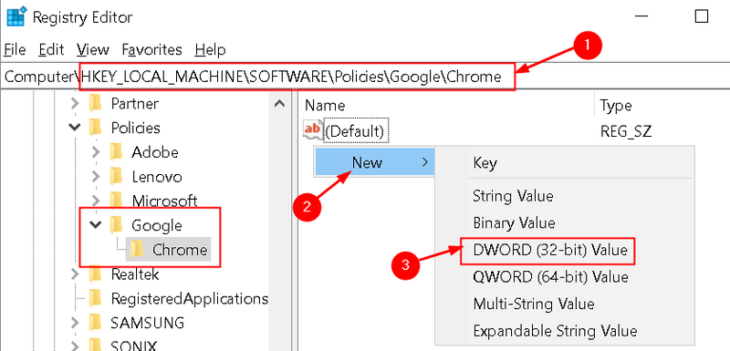 Editor de registro do Chrome Desativar recurso mínimo