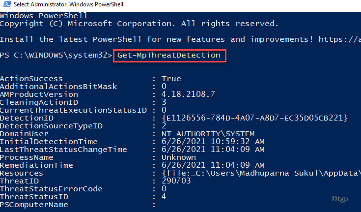 Windows Powershell (admin) Spustite príkaz na zobrazenie aktívnych alebo falošných zistení škodlivého softvéru Zadajte min