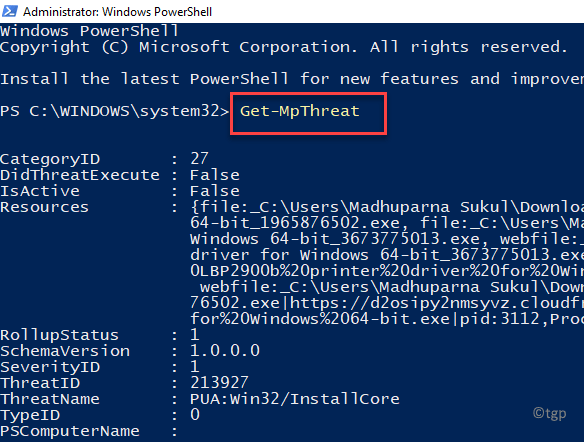 Windows Powershell (admin) Spustite príkaz na zobrazenie zoznamu hrozieb Zadajte min