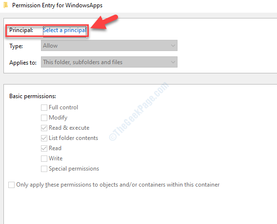 รายการสิทธิ์สำหรับ Windowsapps Principal Select A Principal