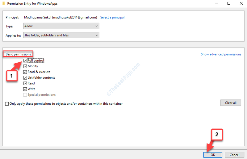 รายการสิทธิ์สำหรับ Windowsapps สิทธิ์ขั้นพื้นฐาน การควบคุมทั้งหมด ตรวจสอบตกลง