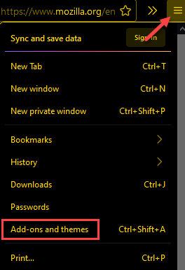 Firefox Öppna programmeny Tillägg och teman