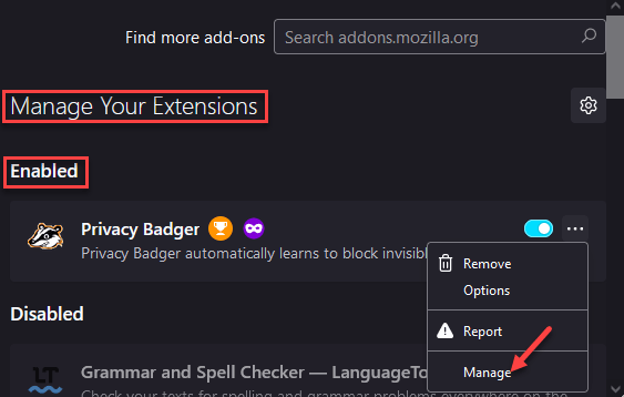 Firefox-tillägg Hantera dina tillägg aktiverade Tre punkter Hantera Min