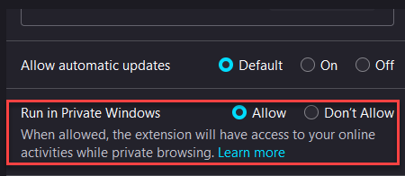 Kör i privata Windows Tillåt