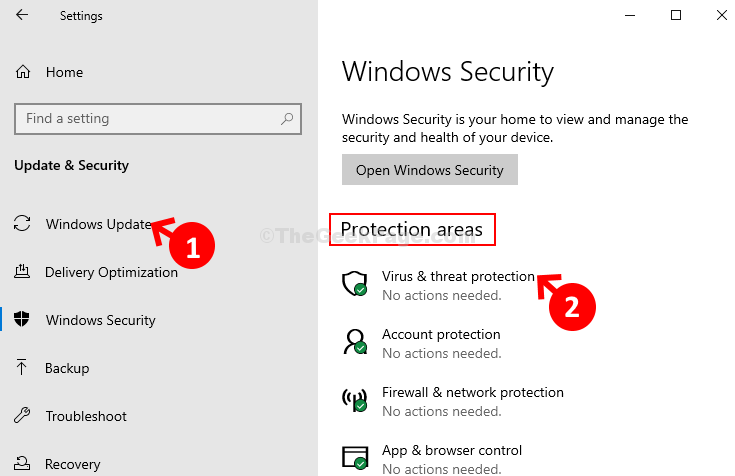Windows biztonsági védelmi területek Vírus- és fenyegetésvédelem