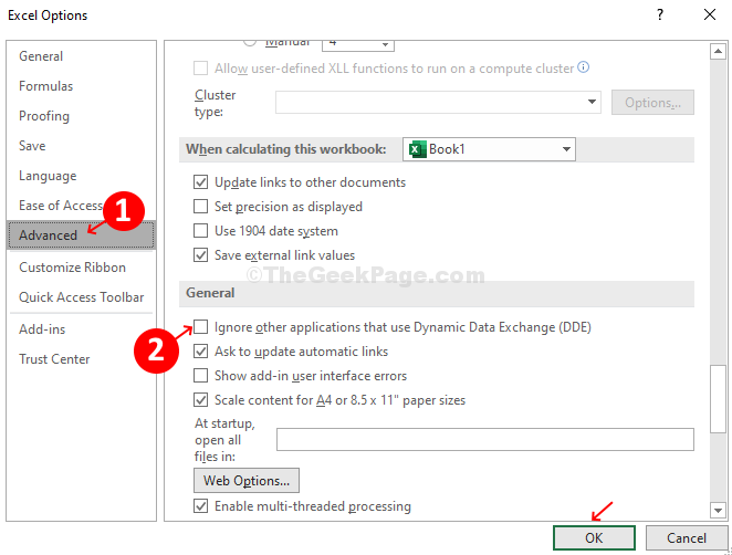 Options Excel Avancé Décocher Ignorer les autres applications qui utilisent l