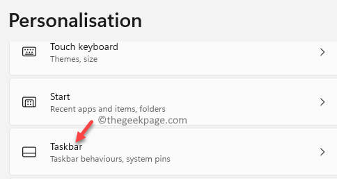 Barra de tarefas de personalização de configurações