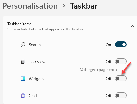 Os widgets da barra de tarefas de personalização são desativados