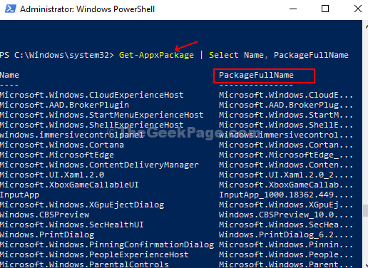 Nome da lista de aplicativos de comando de execução do Powershell Packagefullname