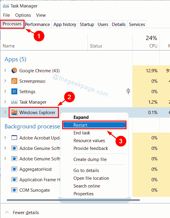 Opción de reinicio del Explorador de Windows 11zon