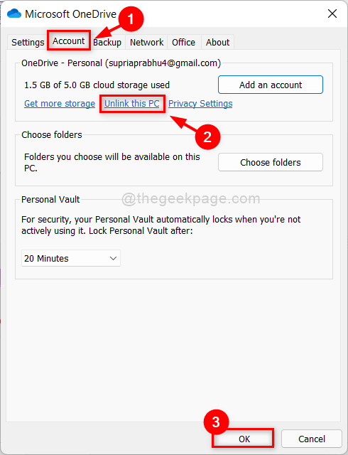 Haga clic en Desvincular esta PC Onedrive