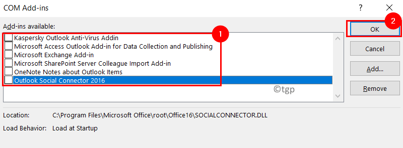 قم بإلغاء تحديد Com Add Ins Outlook Min