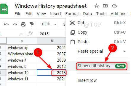 Högerklicka Visa cellredigeringshistorik Google Sheet Min